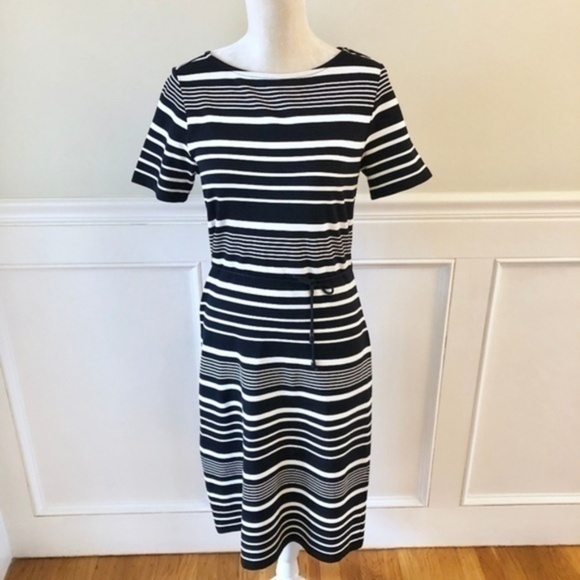 Sade New York Chenin Stripe Midi Dress Navy Dress 6 - Picture 1 of 5